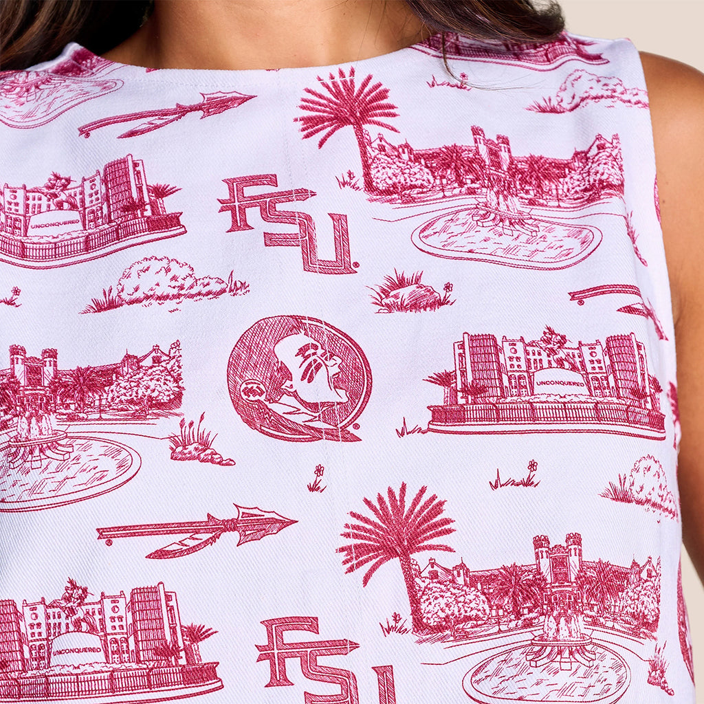 Stewart Simmons Women's Florida State Campus All Over Design Denim Boxy Tank - White