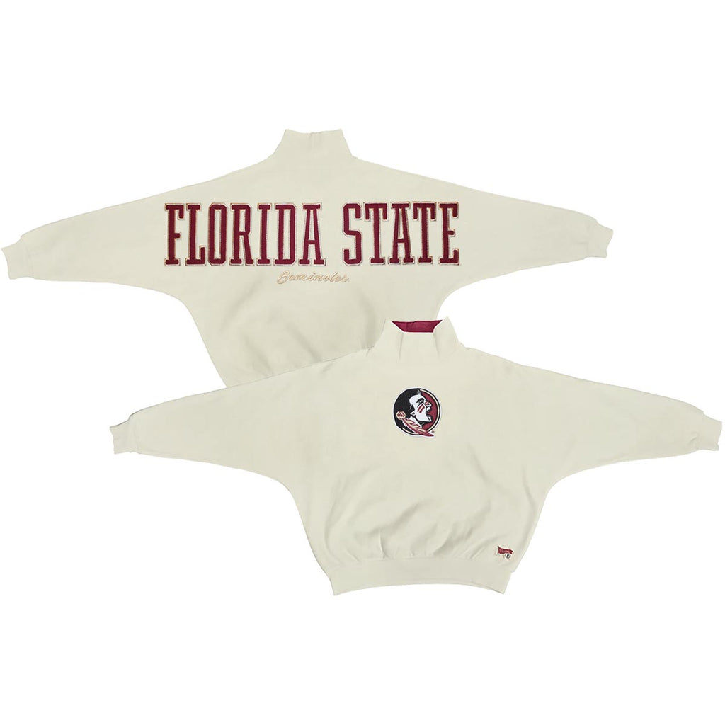 Pressbox Women's Seminole Logo/Seminoles Florida State Mock Neck Dolman Style Oversized Fleece - Ivory