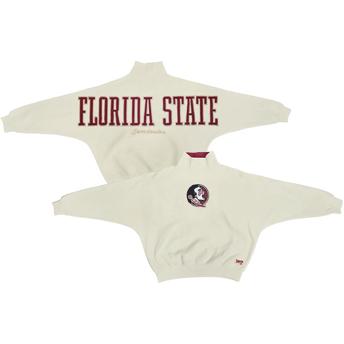 Pressbox Women's Seminole Logo/Seminoles Florida State Mock Neck Dolman Style Oversized Fleece - Ivory