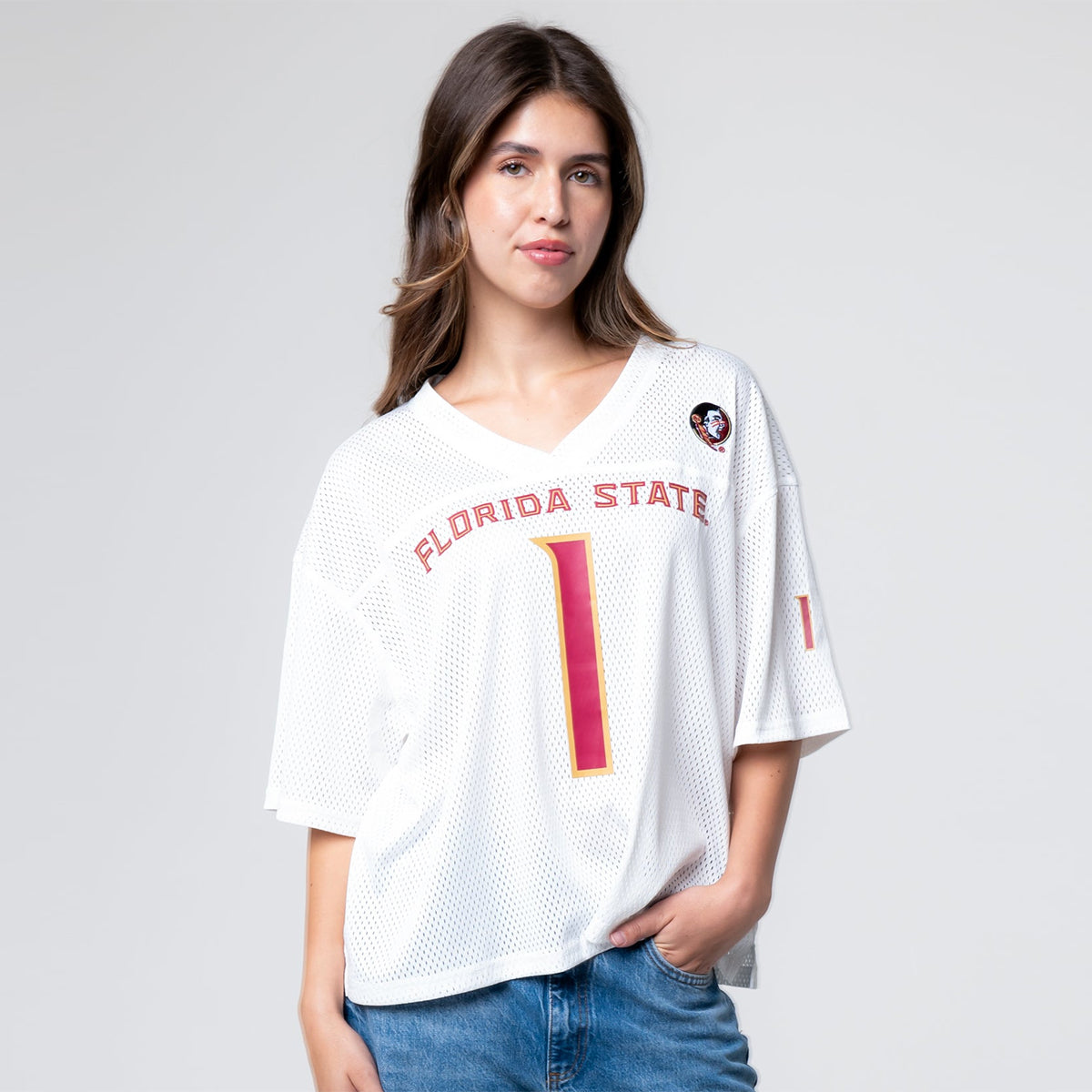 Established & Co. Women's Seminole Logo/Florida State #1 Boyfriend Football Jersey - White