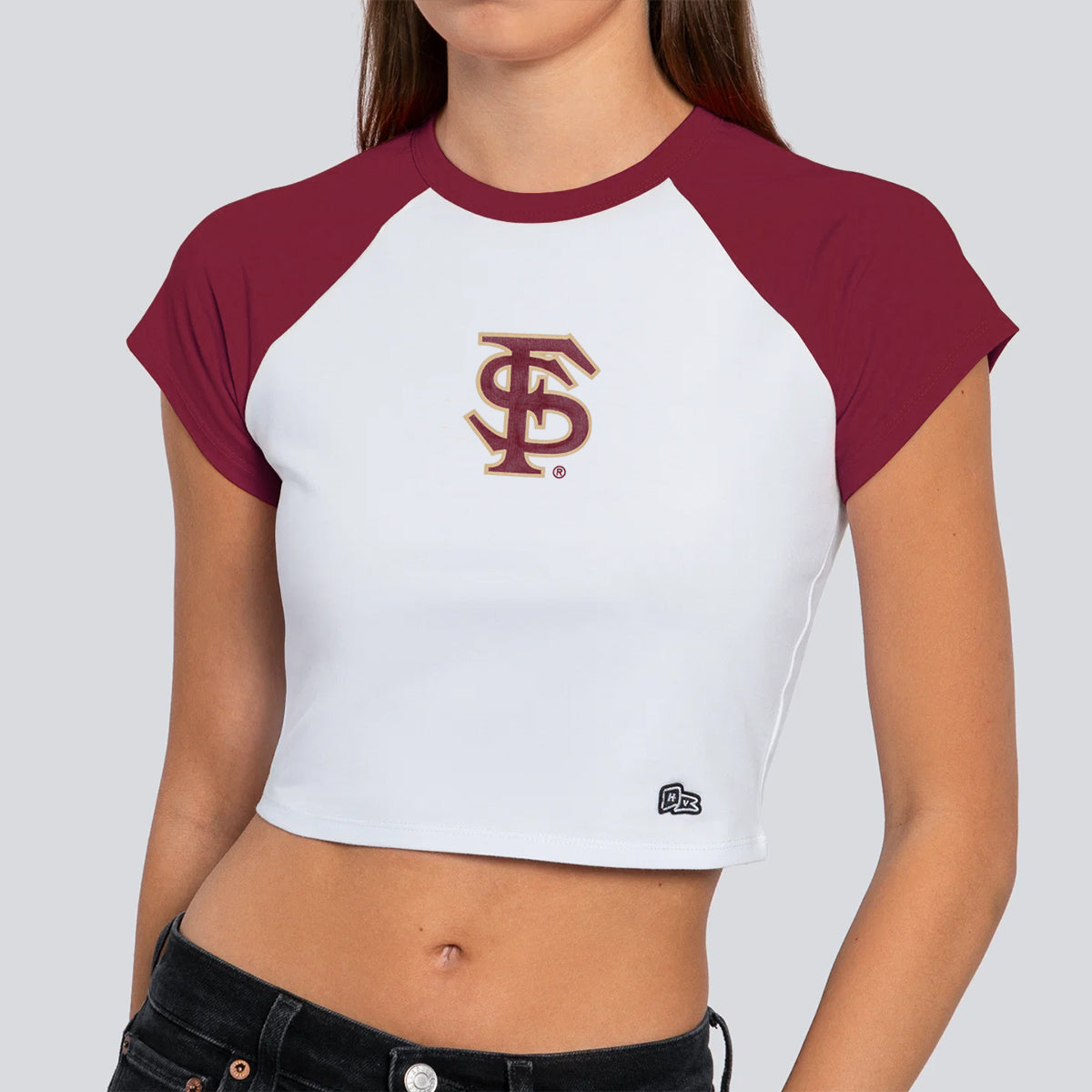 Hype & Vice Women's Interlocking FS Short Sleeve Raglan Sleeve Crop T-shirt - White/Garnet