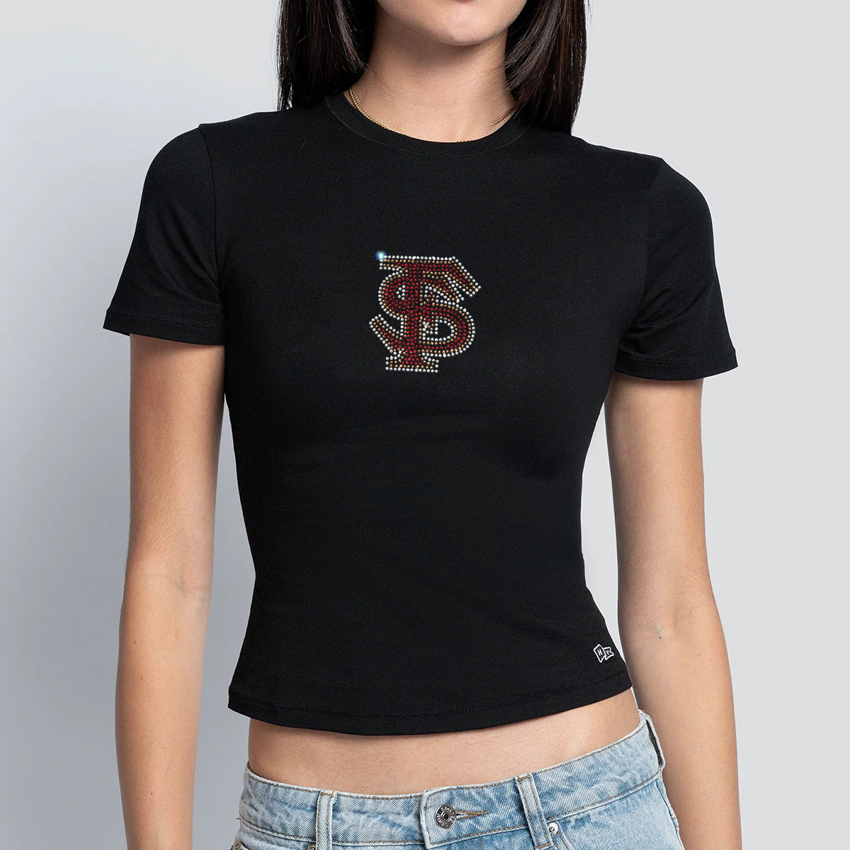 Hype & Vice Women's Rhinestone Interlocking FS Short Sleeve Junior Fit T-shirt - Black