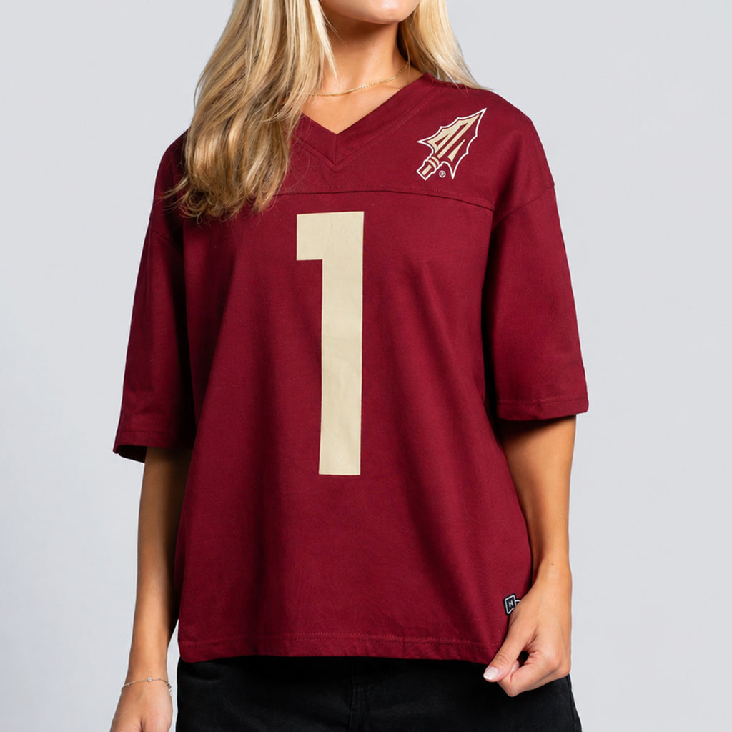 Hype & Vice Women's Arrowhead #1/Florida State Short Sleeve Oversized Football T-shirt - Garnet