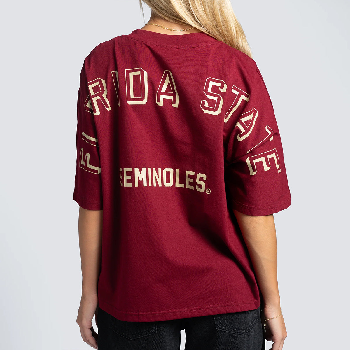Hype & Vice Women's Arrowhead #1/Florida State Short Sleeve Oversized Football T-shirt - Garnet