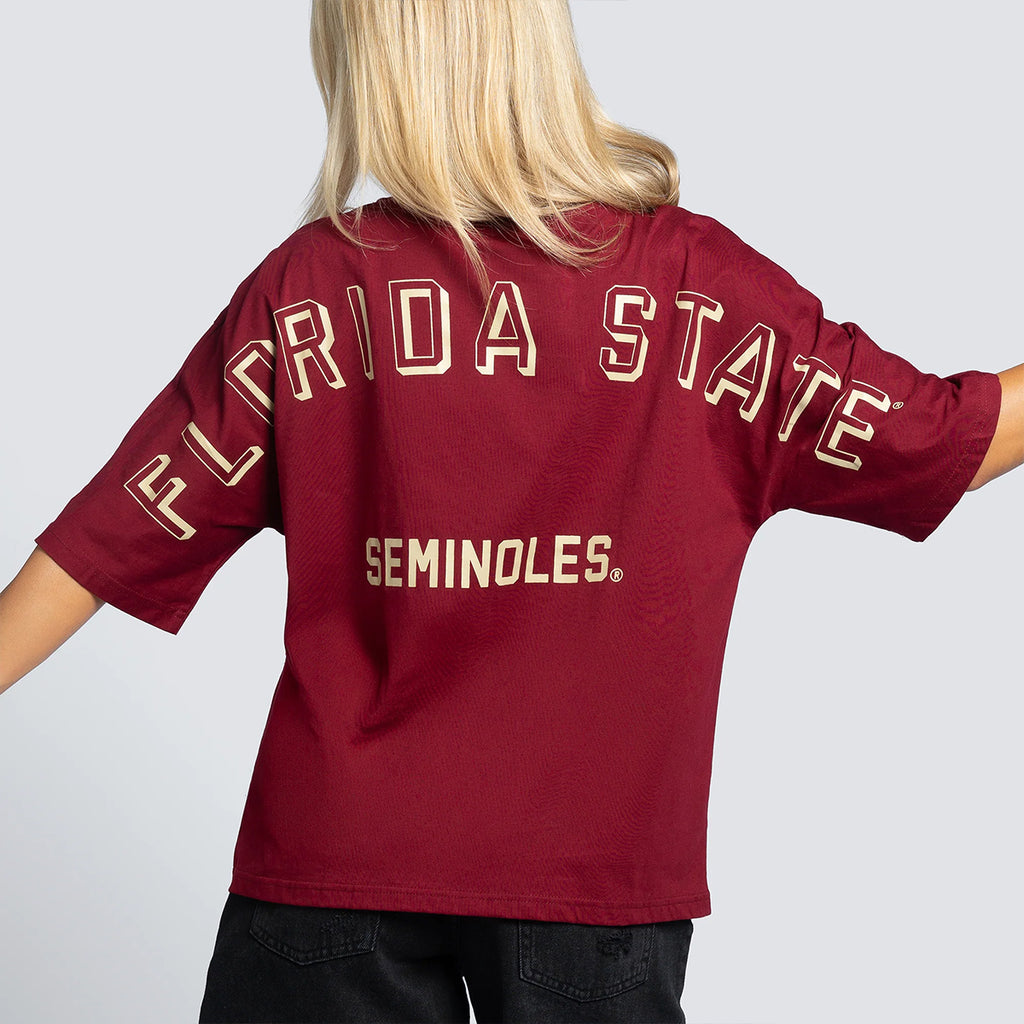 Hype & Vice Women's Arrowhead #1/Florida State Short Sleeve Oversized Football T-shirt - Garnet