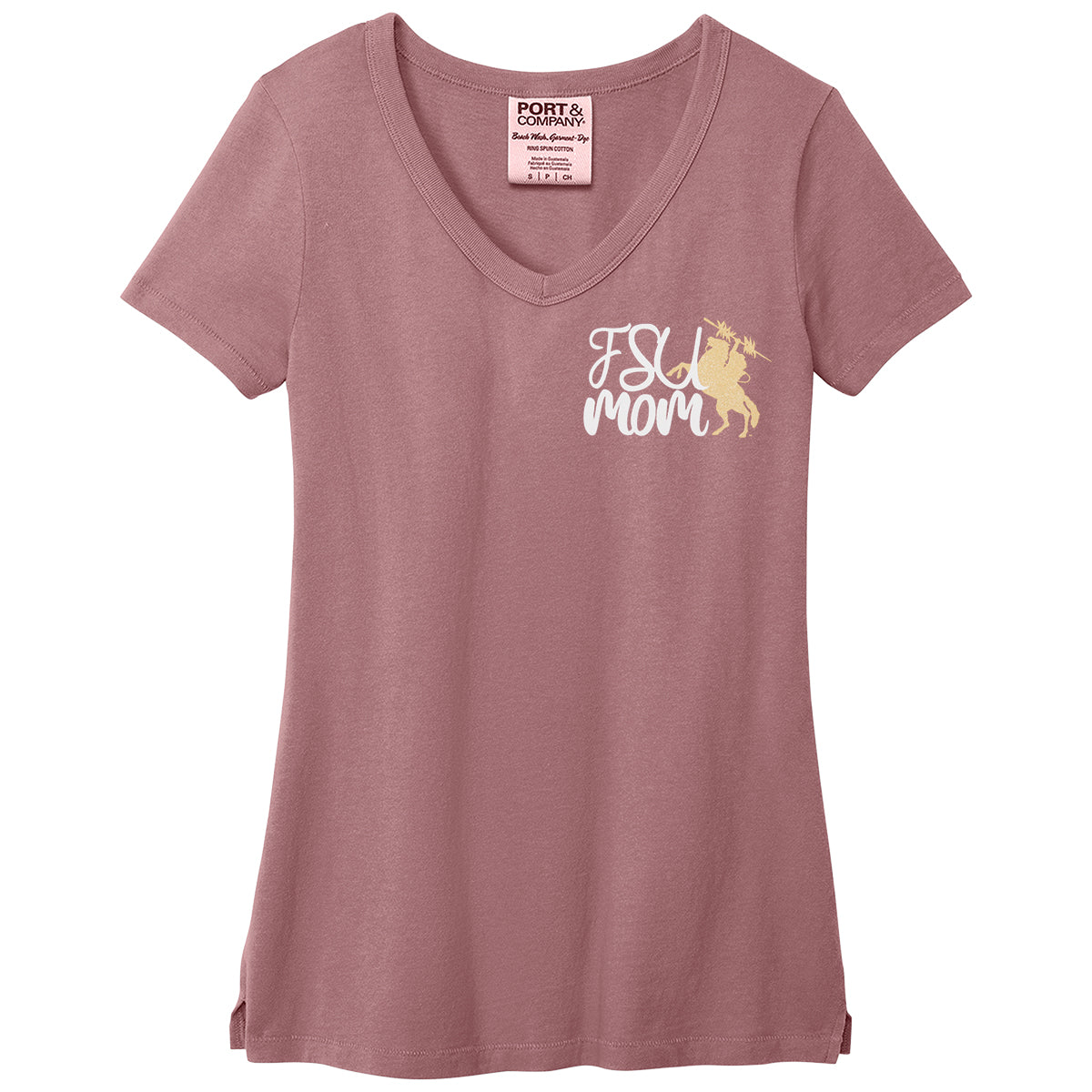 Ragz Women's FSU Mom Unconquered Silhouette Design Short Sleeve Garment Dyed V-neck T-shirt - Rose