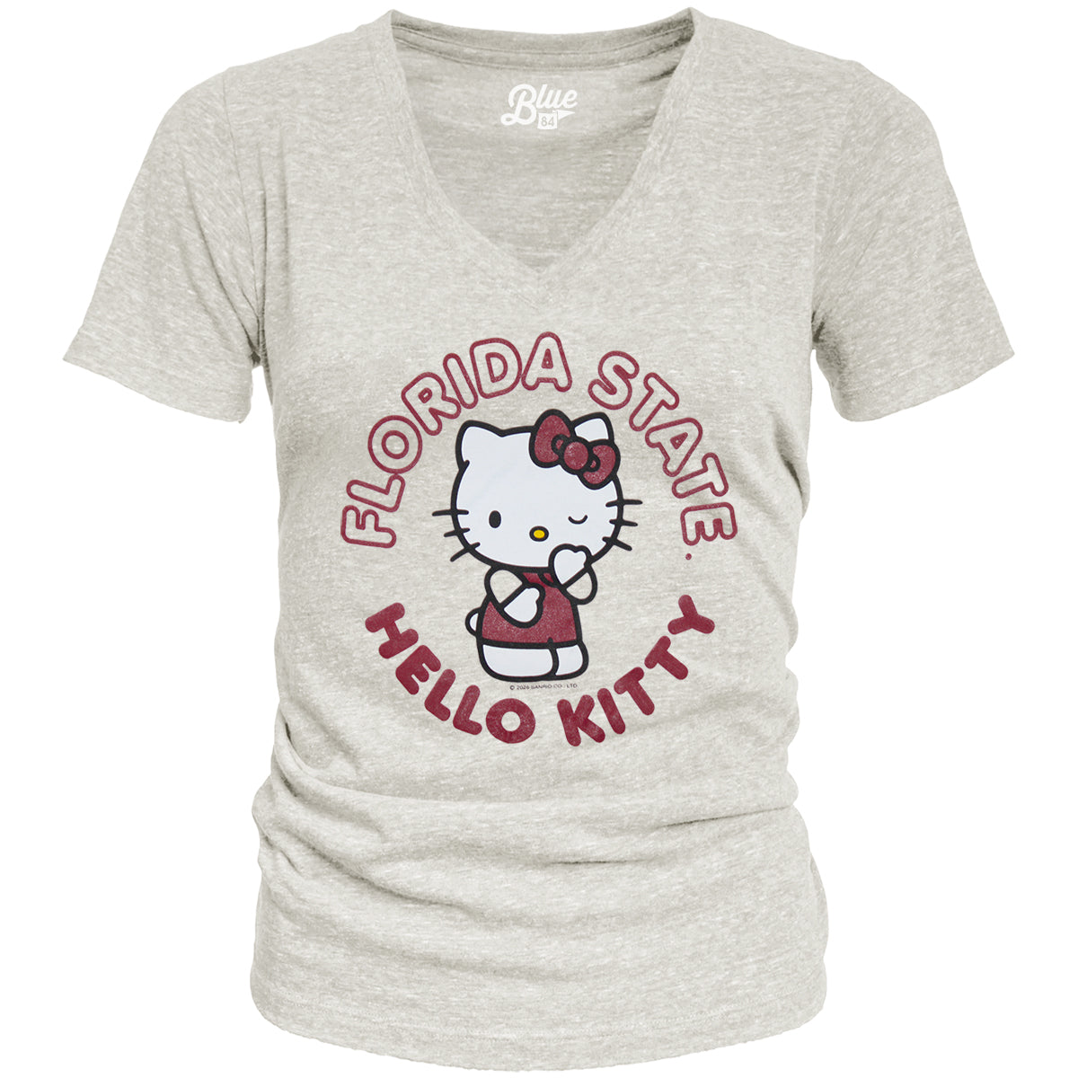 Blue 84 Women's Florida State Hello Kitty Design Relaxed Fit Tri-Blend V-neck Short Sleeve T-shirt - Oatmeal