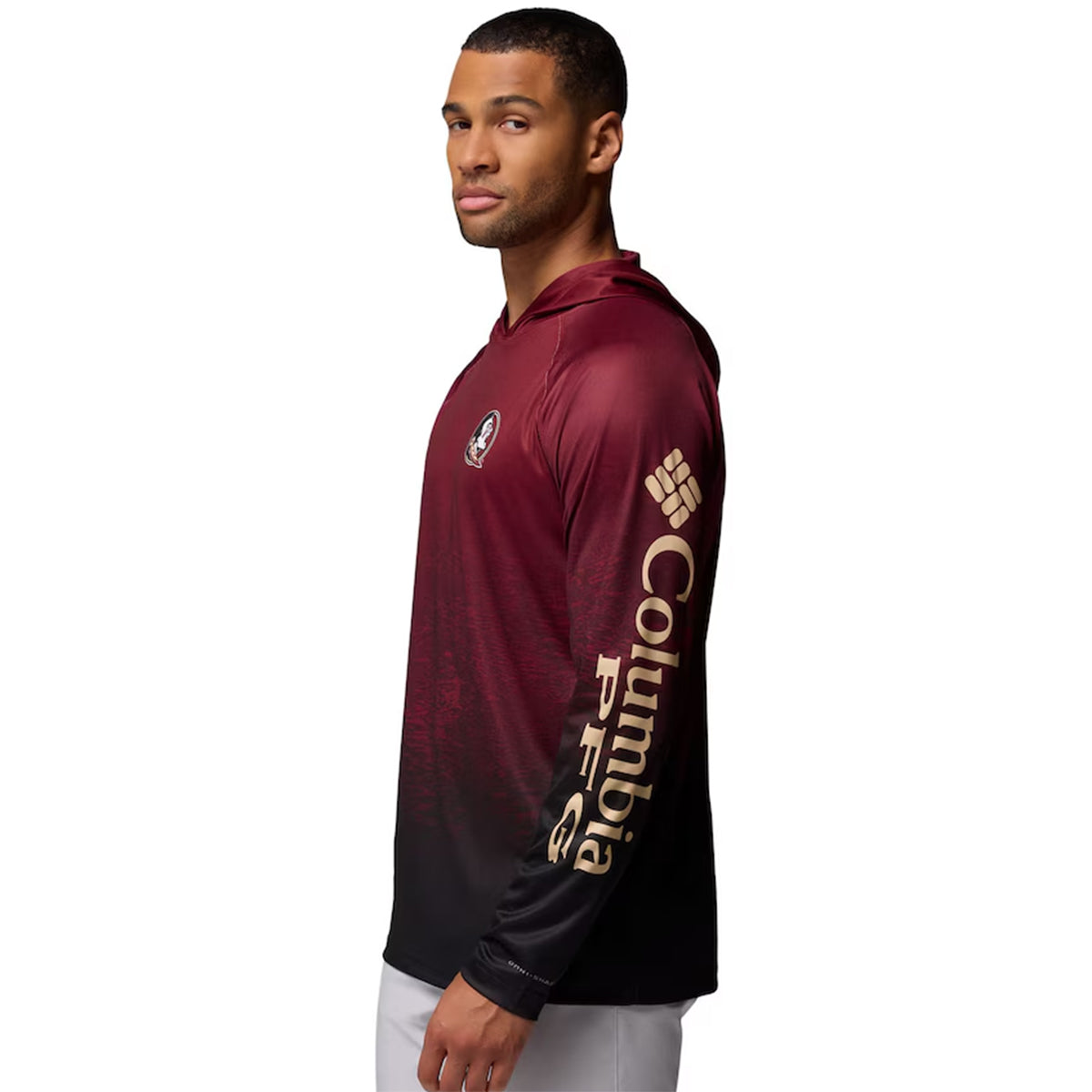 Columbia Men's Seminole Logo Super Terminal Tackle Long Sleeve Hooded Shirt - Garnet/Black