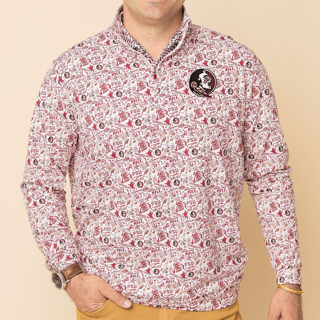 Warner Safari Men's Seminole Logo All Over Design 1/4 Zip Pullover - White