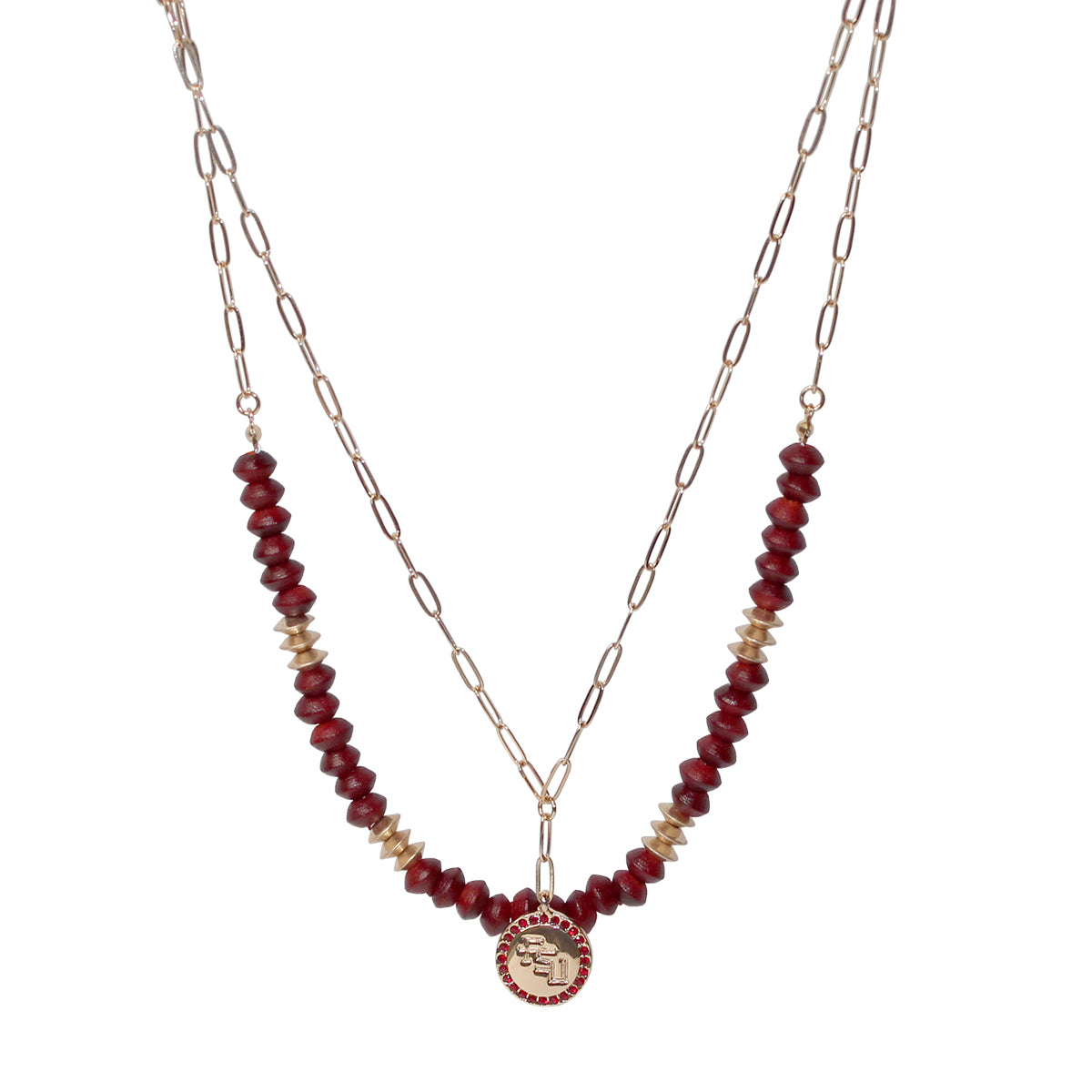 Emerson Street Stacked FSU Charm Double Strand Wood Bead Necklace - Gold/Garnet