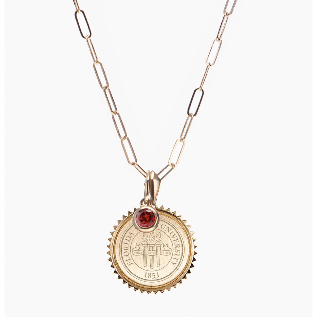 Kyle Cavan FSU Seal Sunburst Pendant/Garnet Gemstone with Link Chain - Cavan Gold