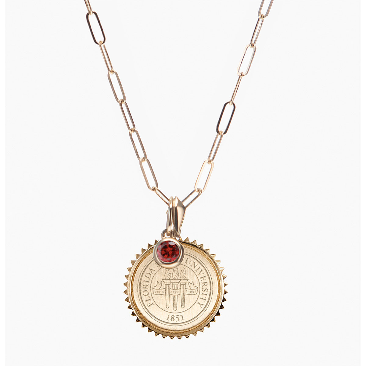 Kyle Cavan FSU Seal Sunburst Pendant/Garnet Gemstone with Link Chain - Cavan Gold