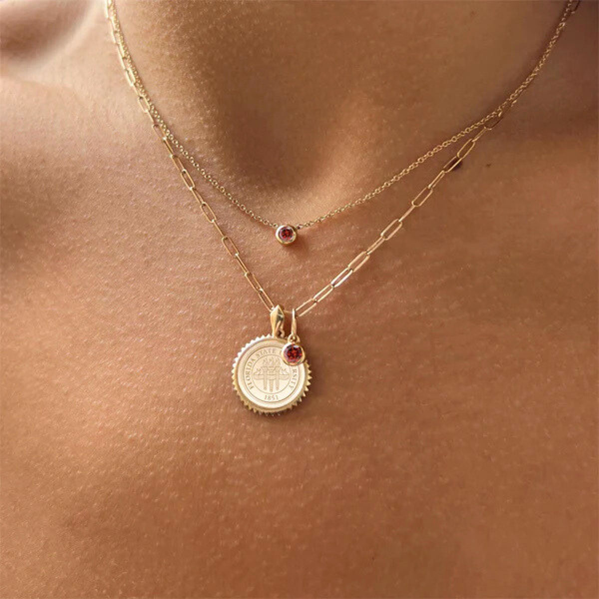Kyle Cavan FSU Seal Sunburst Pendant/Garnet Gemstone with Link Chain - Cavan Gold