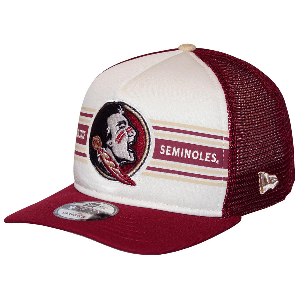 New Era Youth Seminole Logo/Florida State Seminoles Stripe Design 950AF Adjustable Trucker - Ivory/Garnet
