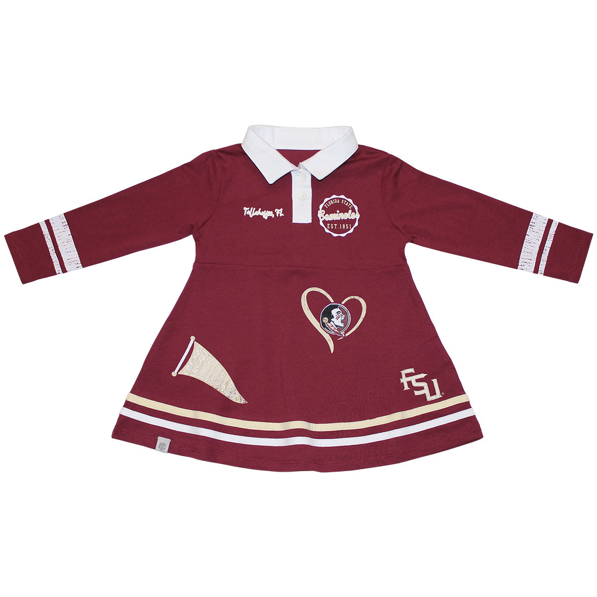 Colosseum Infant Girl's Seminole Logo Heart Design Collared Long Sleeve Dress - Garnet
