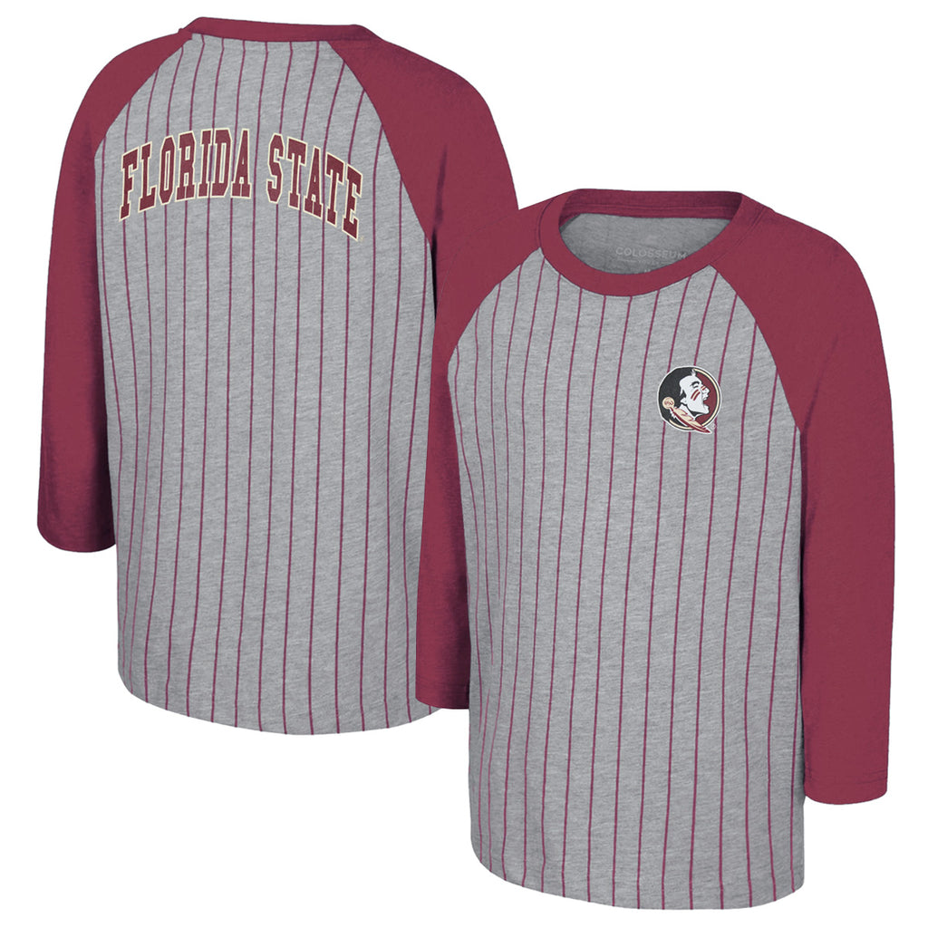 Colosseum Youth Seminole Logo/Florida State Design 3/4 Raglan Sleeve Striped Baseball T-shirt - Grey/Garnet