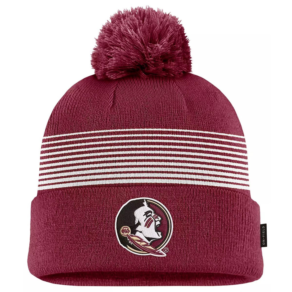 Nike Youth Seminole Logo Striped Pom Beanie - Garnet