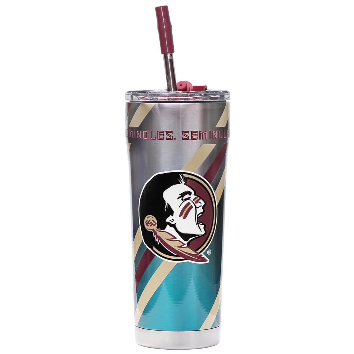 Gametime Sidekicks Seminoles/Seminole Logo Design 20oz Insulated Stainless Steel Straw Tumbler - Silver/Turquoise