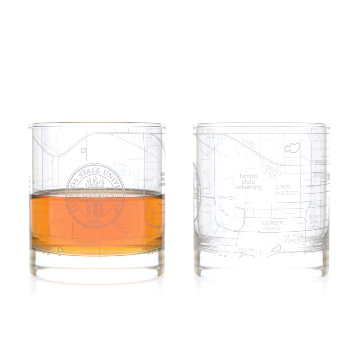 Etched FSU Campus Map Design Rocks Glass Set