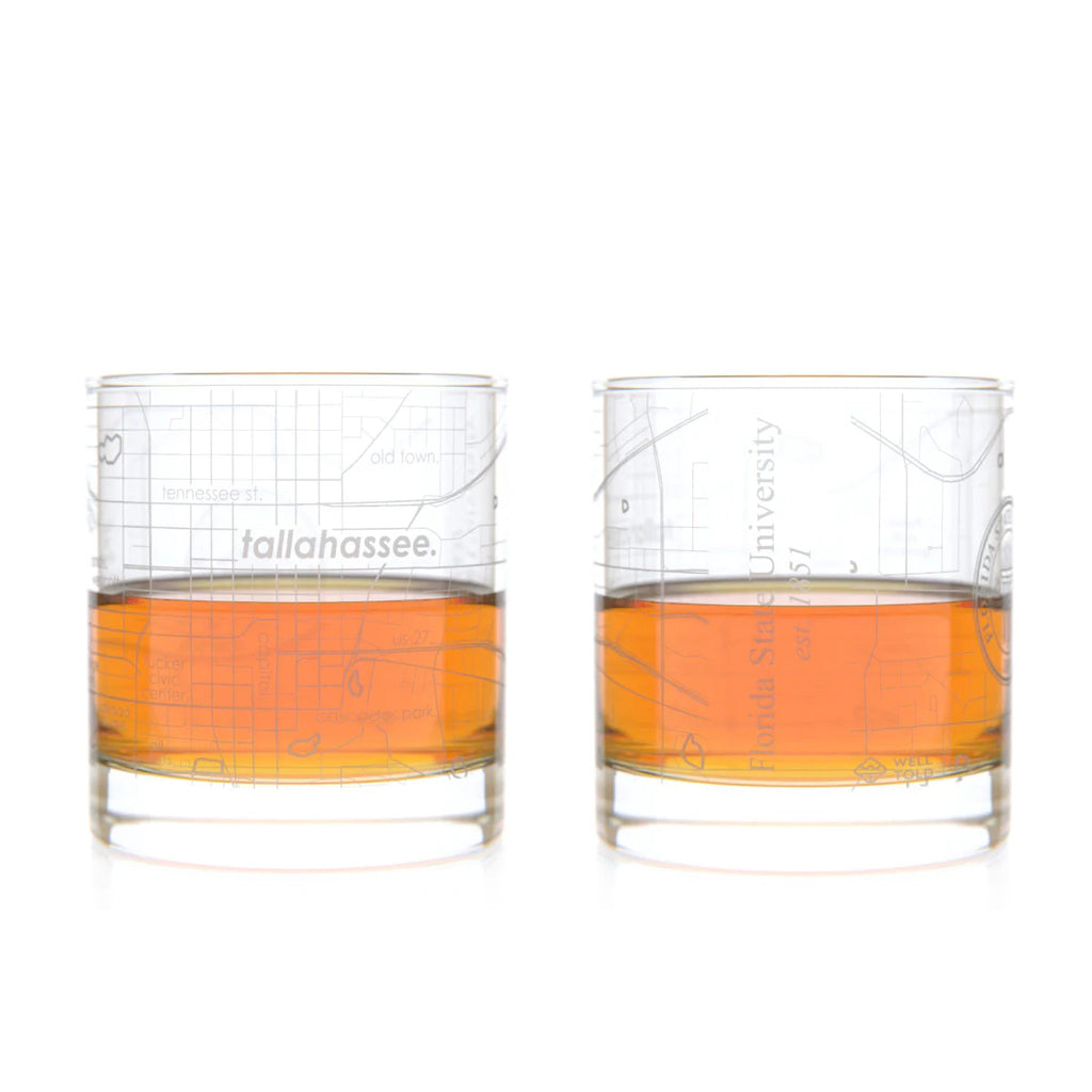 Etched FSU Campus Map Design Rocks Glass Set