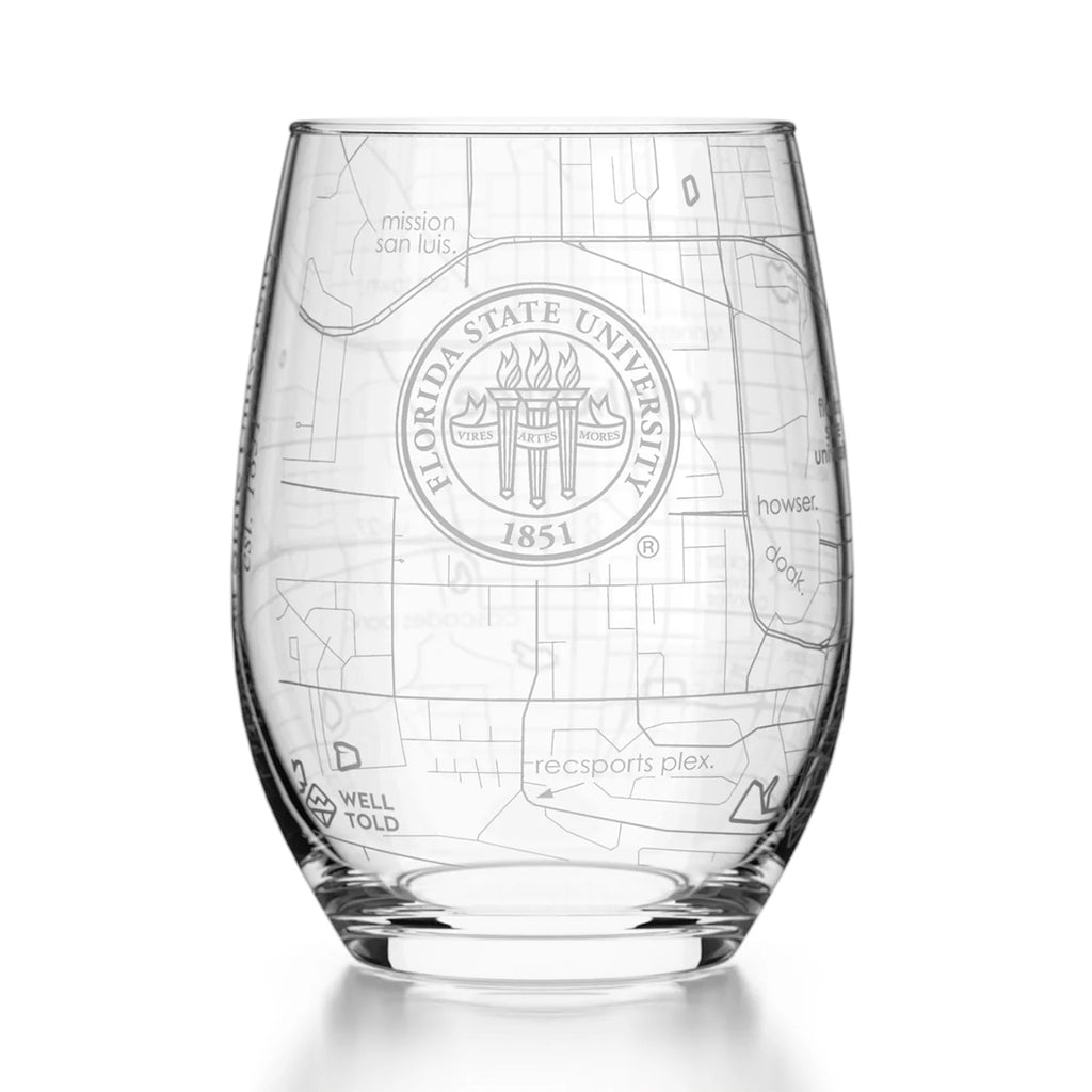 Etched Florida State University Campus Map Stemless Wine Glass