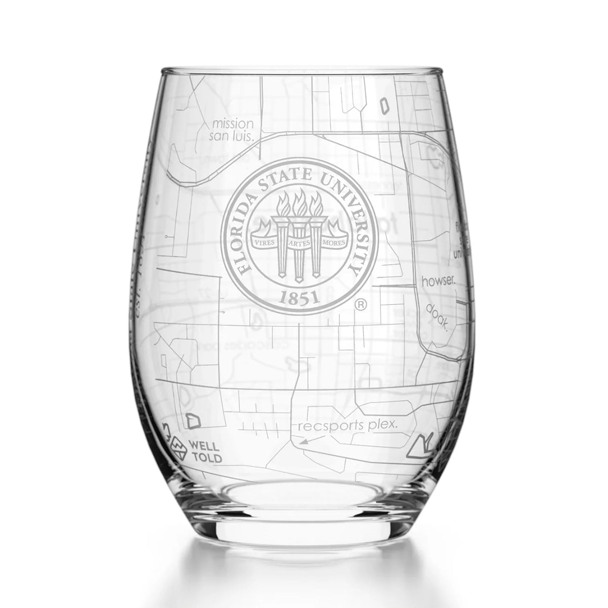 Etched Florida State University Campus Map Stemless Wine Glass