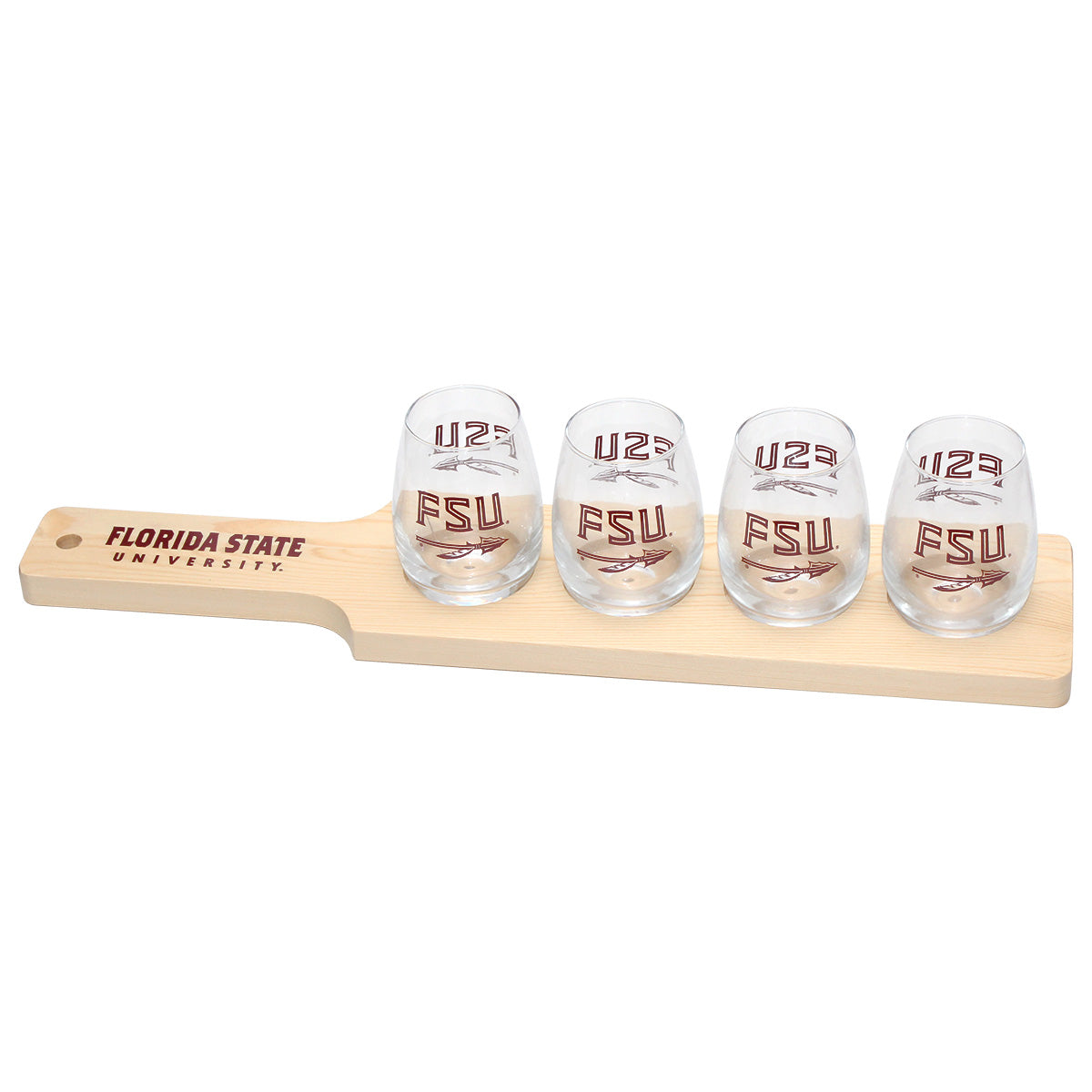 RFSJ FSU Spear Stemless Wine Glass and Wooden Board Bar Set