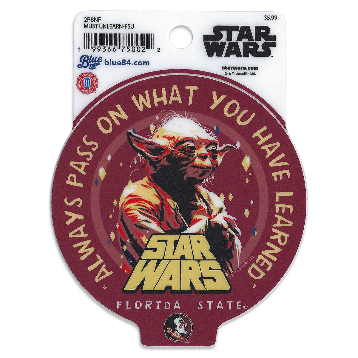 Blue 84 Always Pass on What You Have Learned Florida State Seminole Head Yoda Decal