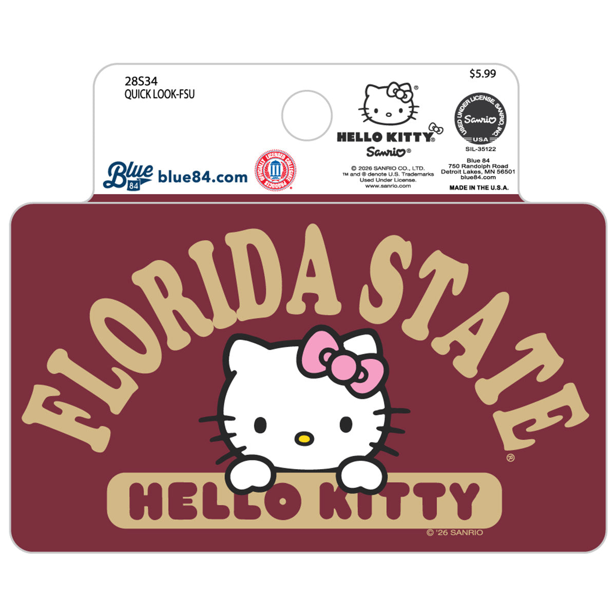 Blue 84 Florida State Hello Kitty Decal