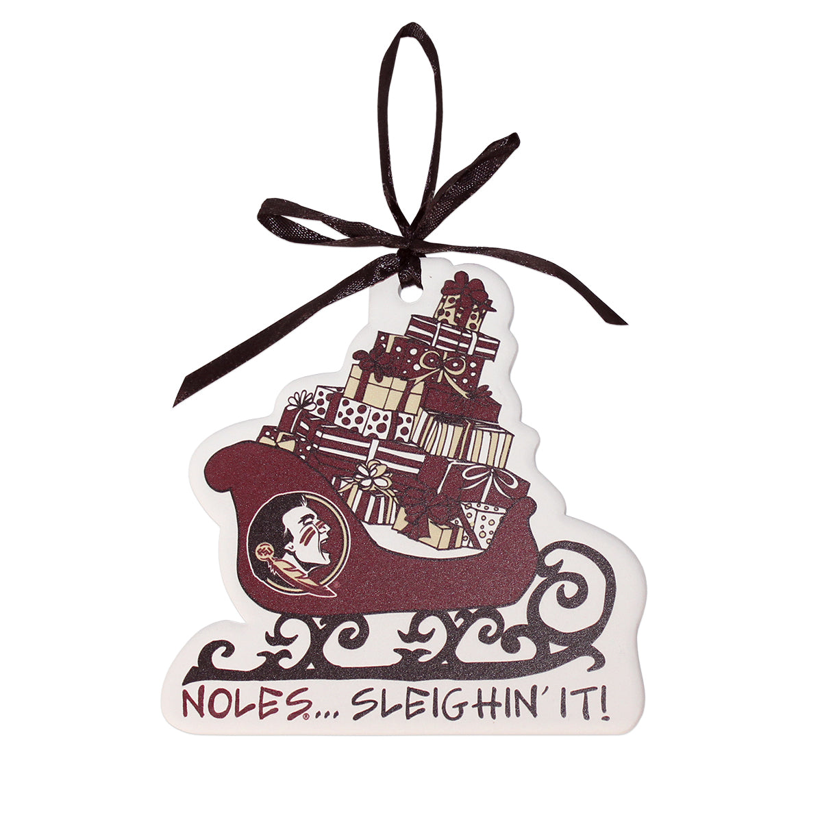 Magnolia Lane Noles Sleighin' It 5"x5" Flat Ceramic Ornament