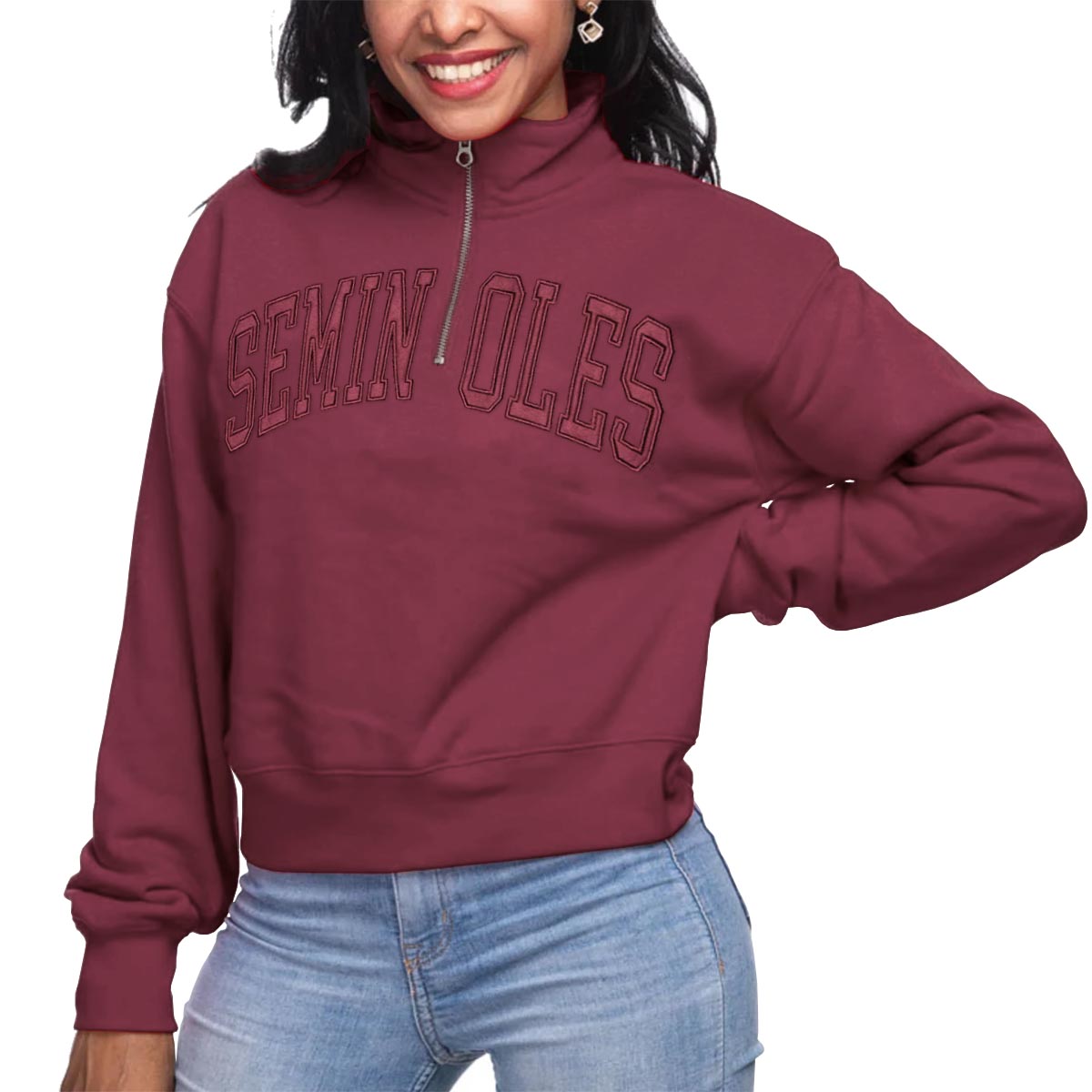 ZooZatz Women's Seminoles Tonal Design 1/4 Zip Crop Fleece - Garnet