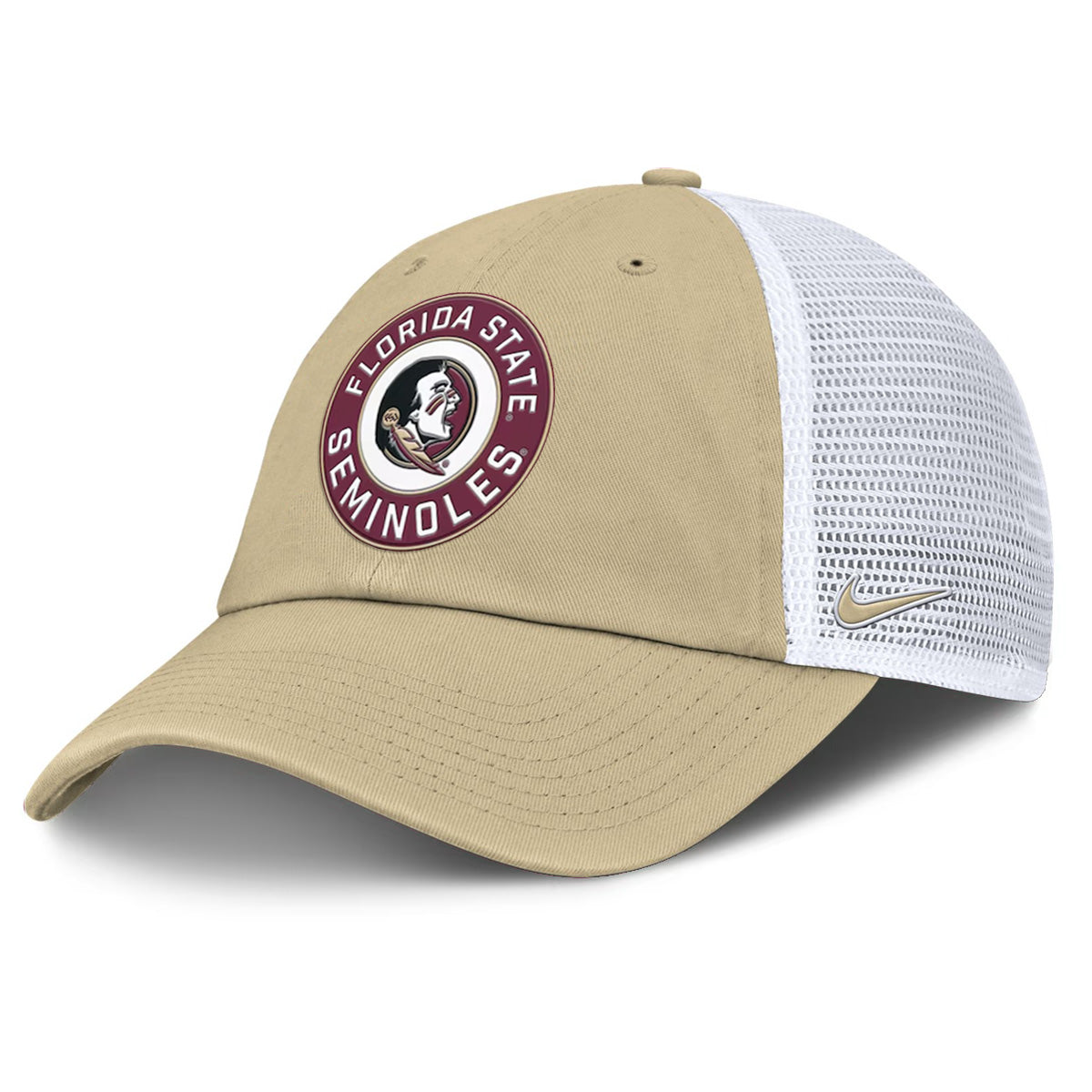 Nike Men's Seminole Logo/Florida State Seminoles Rubberized Patch Adjustable Unstructured Trucker Hat - Vegas Gold