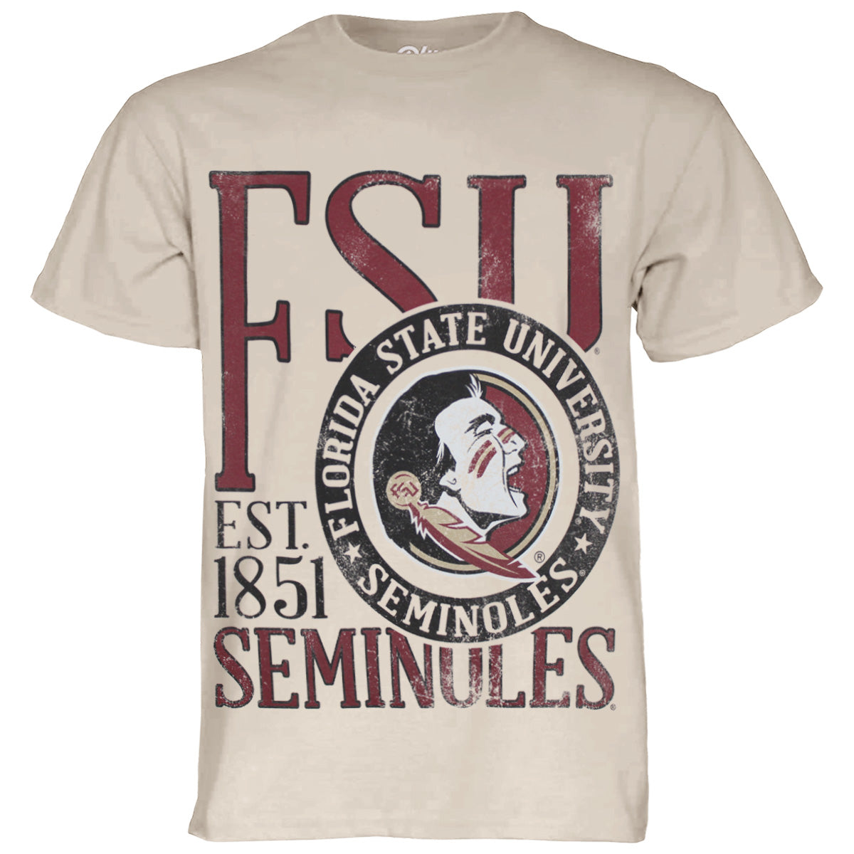 Blue 84 Men's FSU Seminoles/Seminole Logo Oversized Design Short Sleeve Garment Dyed T-shirt - Cappuccino
