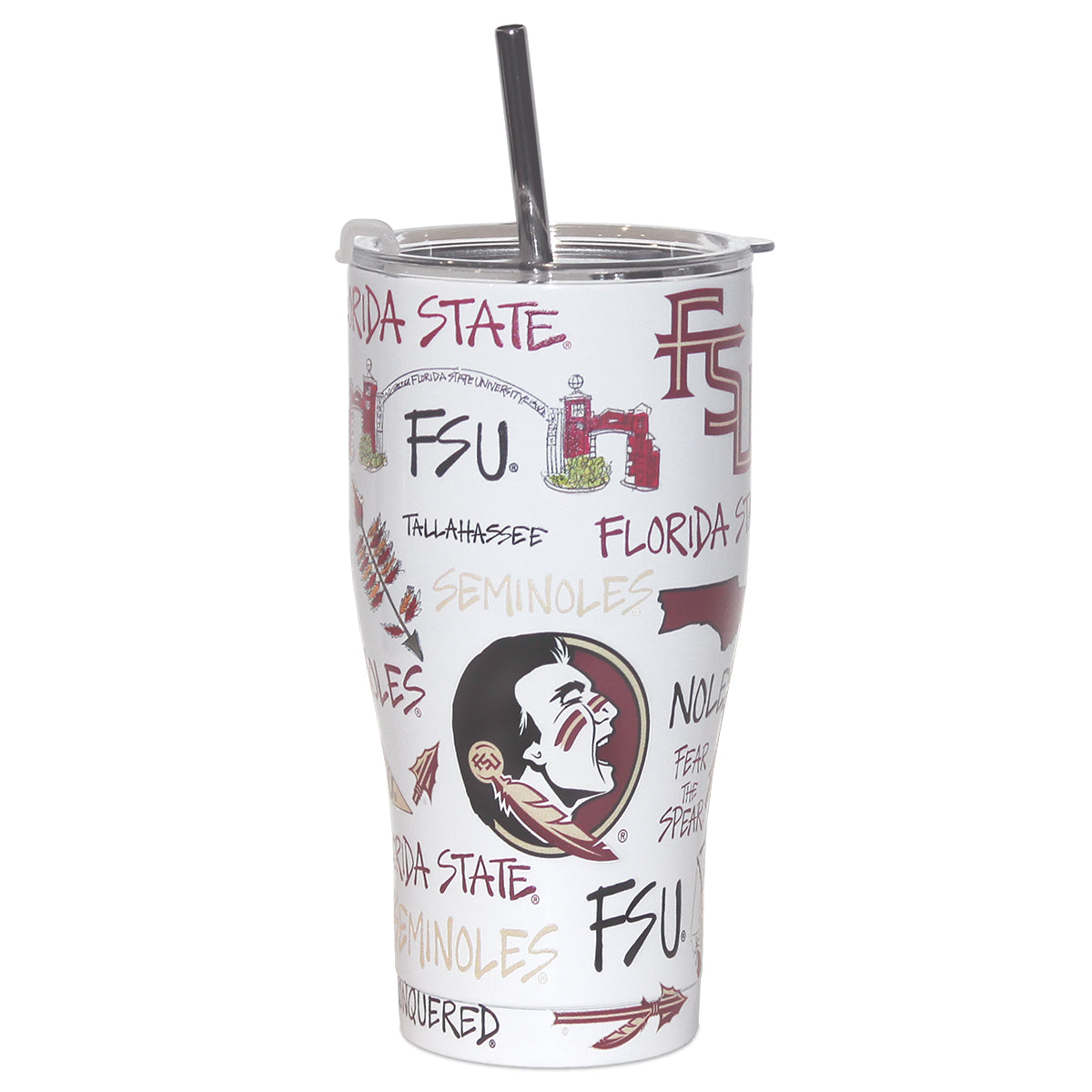 Magnolia Lane Florida State Multi-Logo Design Stainless Steel Insulated Tumbler with Straw - White