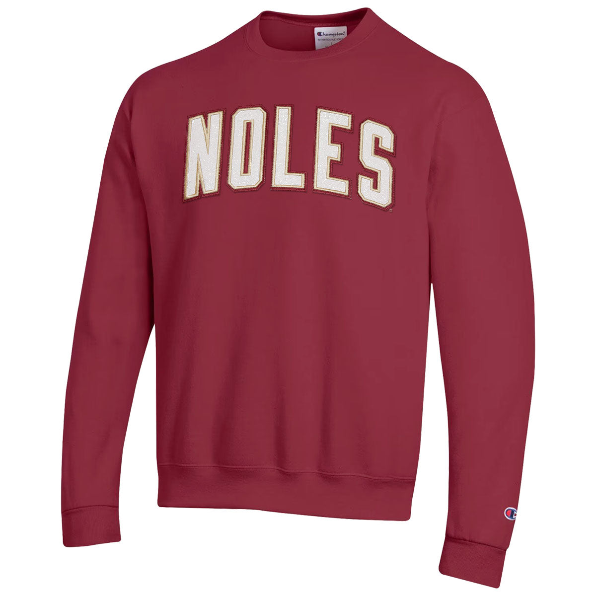 Champion Women s Noles Glitter Twill Design Powerblend Crew Fleece G Garnet Gold