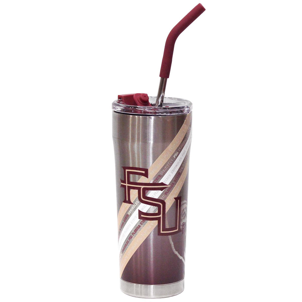 Gametime Sidekicks Seminole Logo/Stacked FSU Design 20oz Stainless Steel Insulated Straw Tumbler - Silver