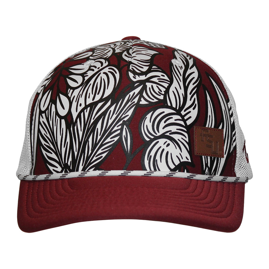 Zephyr Women's Stacked FSU Leather Patch Adjustable Floral Pattern Trucker Cap - Garnet/White