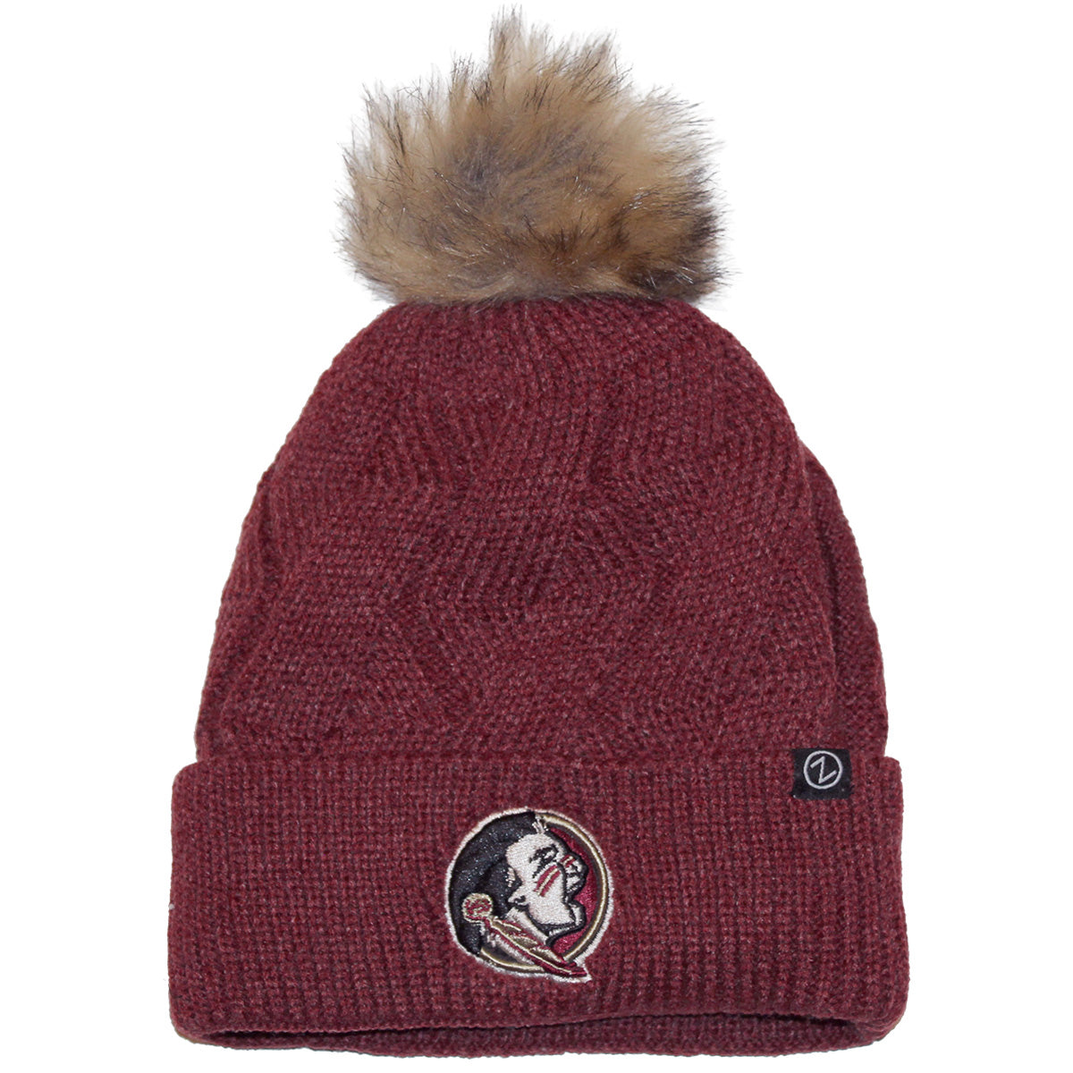 Zephyr Women's Seminole Logo Heathered Woven Cuff Faux Fur Pom Knit Cap - Heathered Garnet